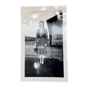 Vtg Lady Posing at Train Station Original Monochrome Photography Found